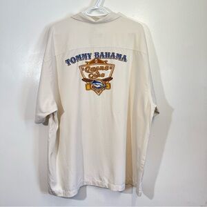 Tommy Bahama Silk Embroidered Shirt Men's Size XLX Cigars & Cars Beige Hawaiian